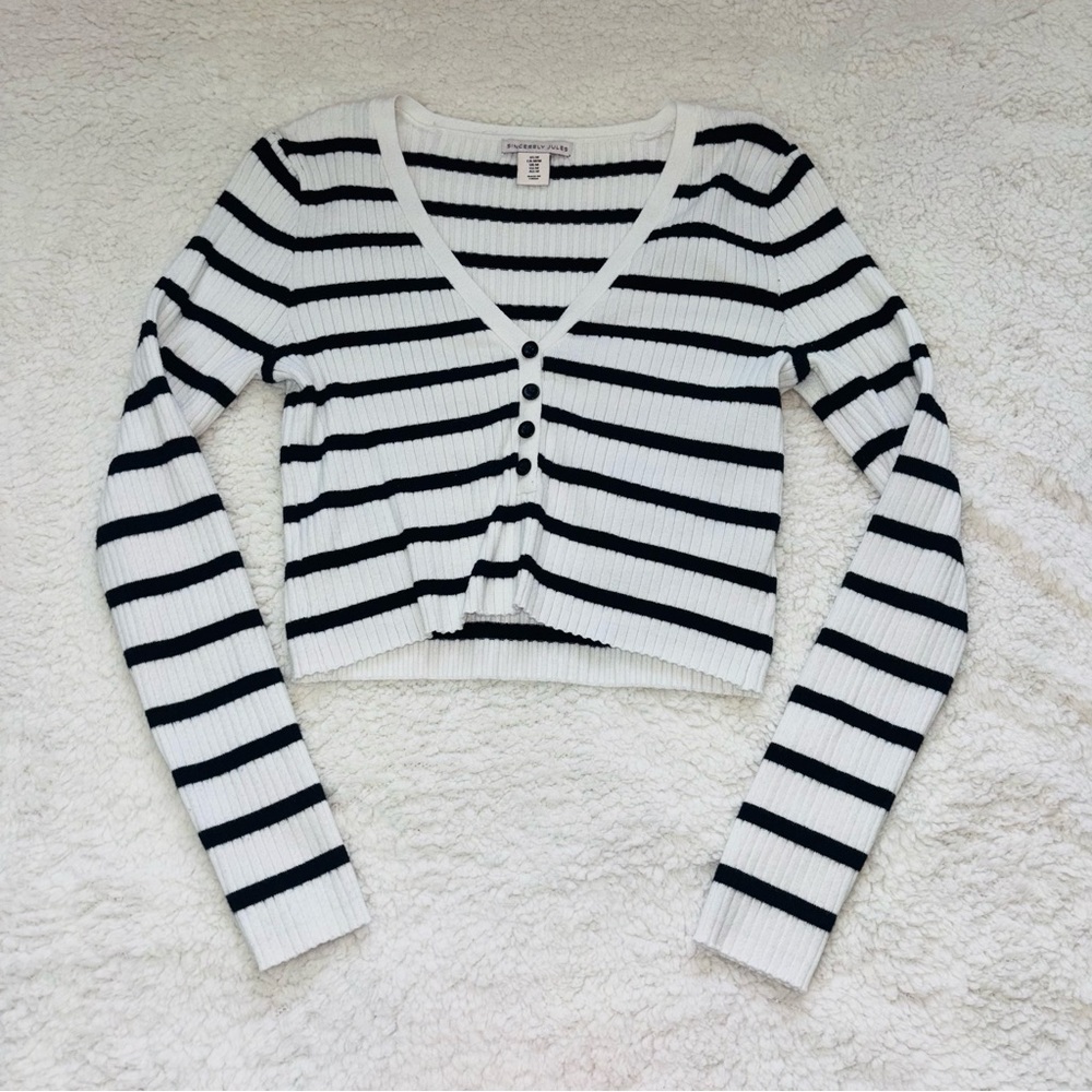 White and Black Striped Cropped Sweater with Button Front